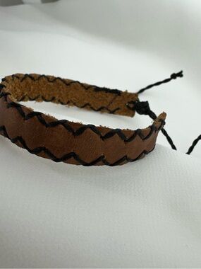 Handmade Brown Leather Bracelet Zigzag Stitch Guatemala Adjustable